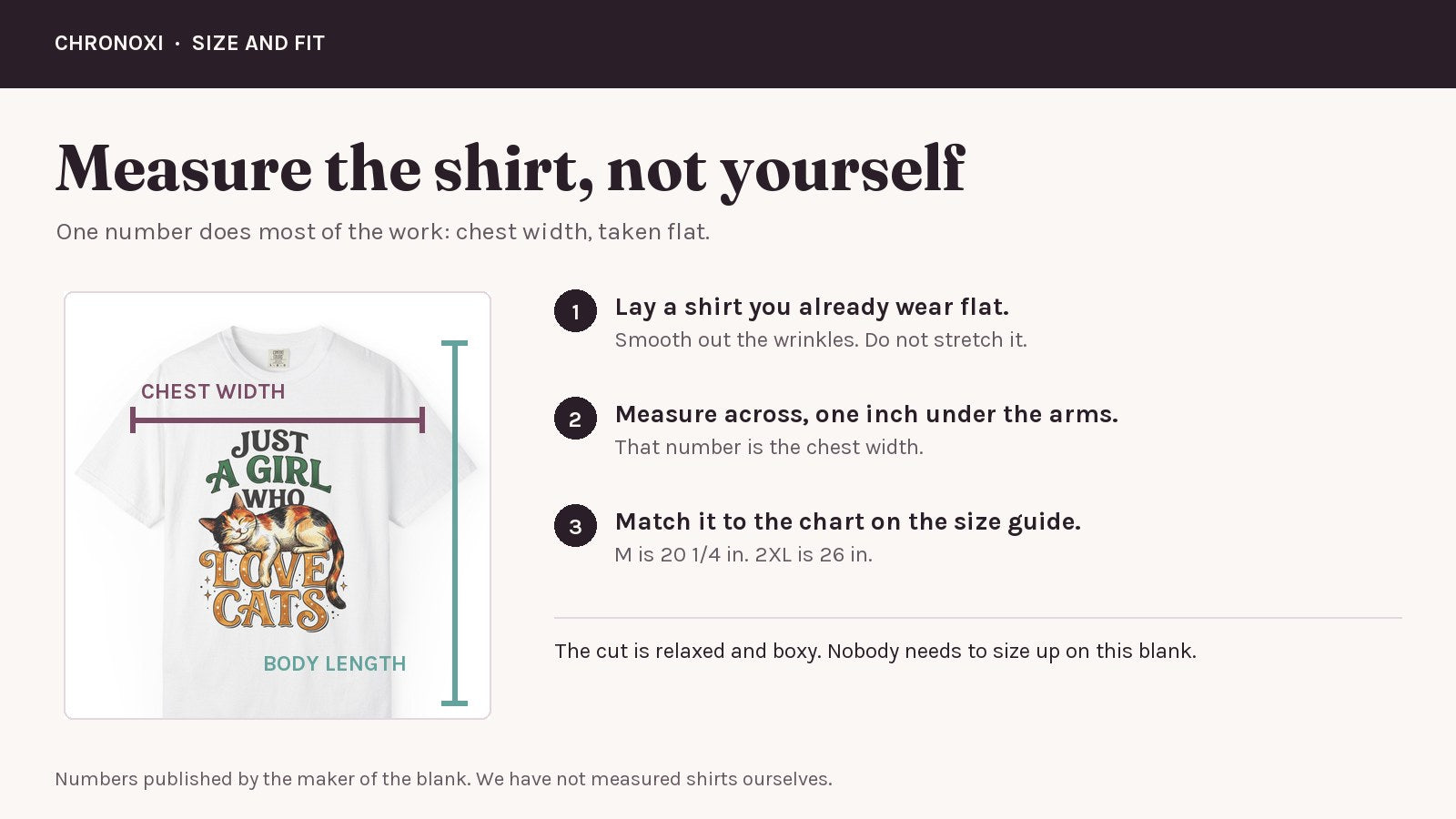 A real product photo of the sleeping calico tee laid flat, with a wine arrow marking chest width across the chest and a teal arrow marking body length down the side, beside three numbered steps for measuring