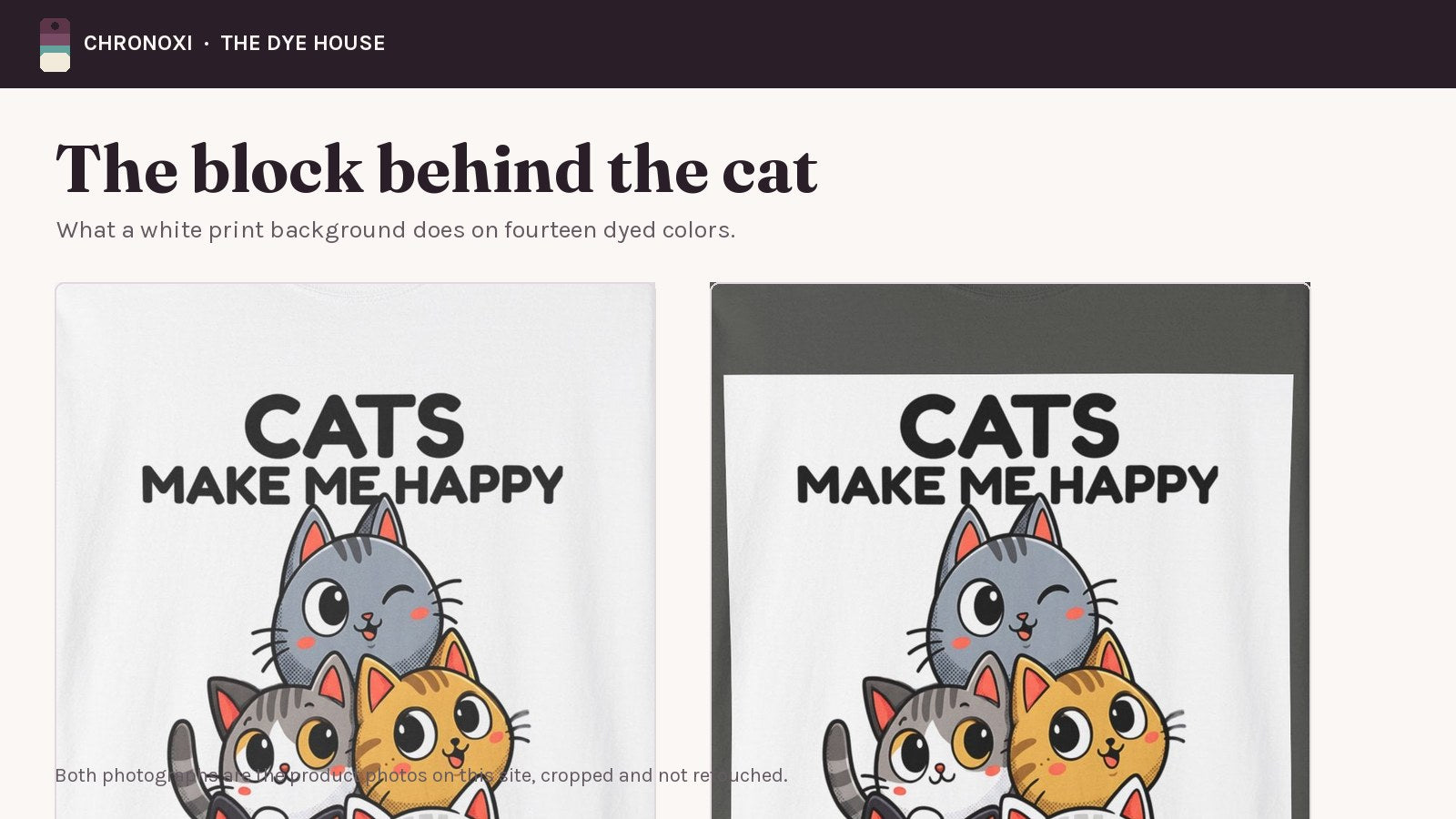 The stacked kittens print on a White tee beside the same print on a Pepper tee, showing the white block that frames the artwork on colored shirts