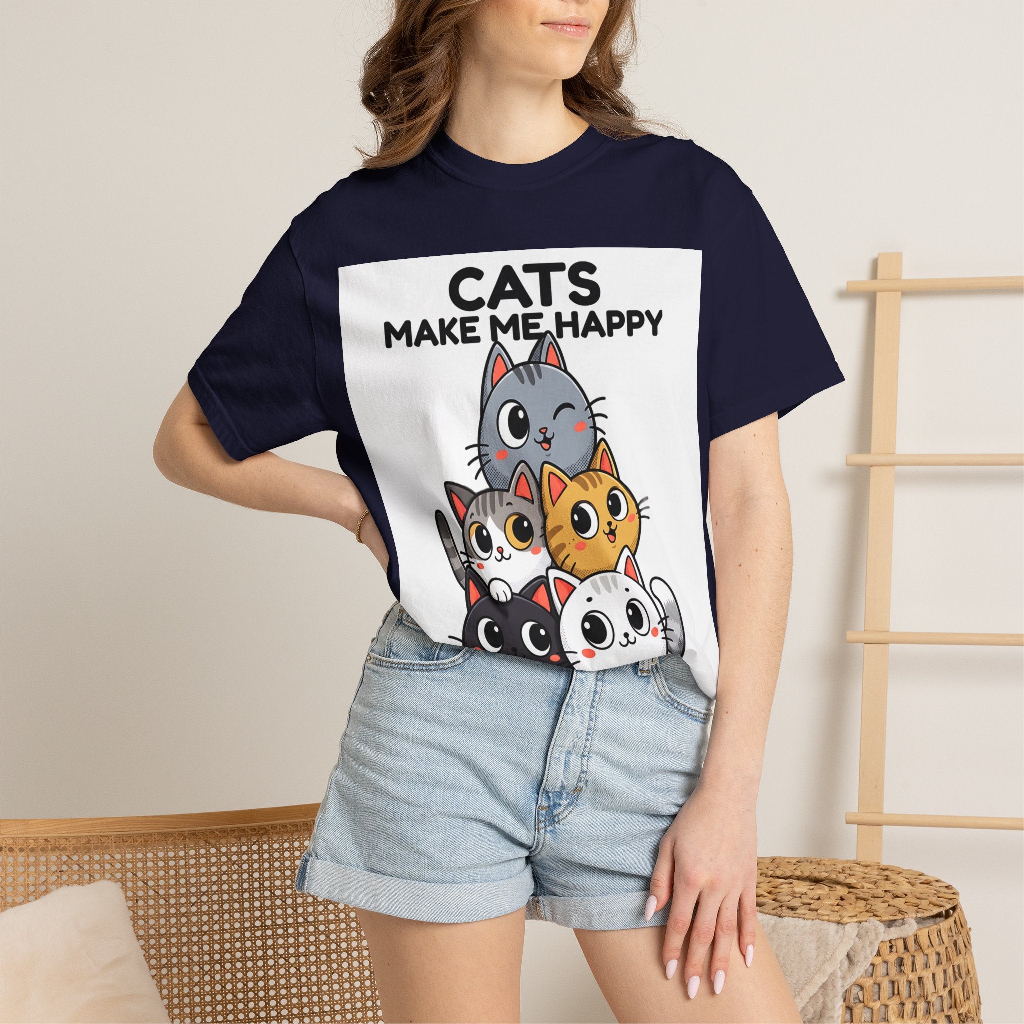 Cats Make Me Happy T-Shirt — Cute Stack of Kittens Tee