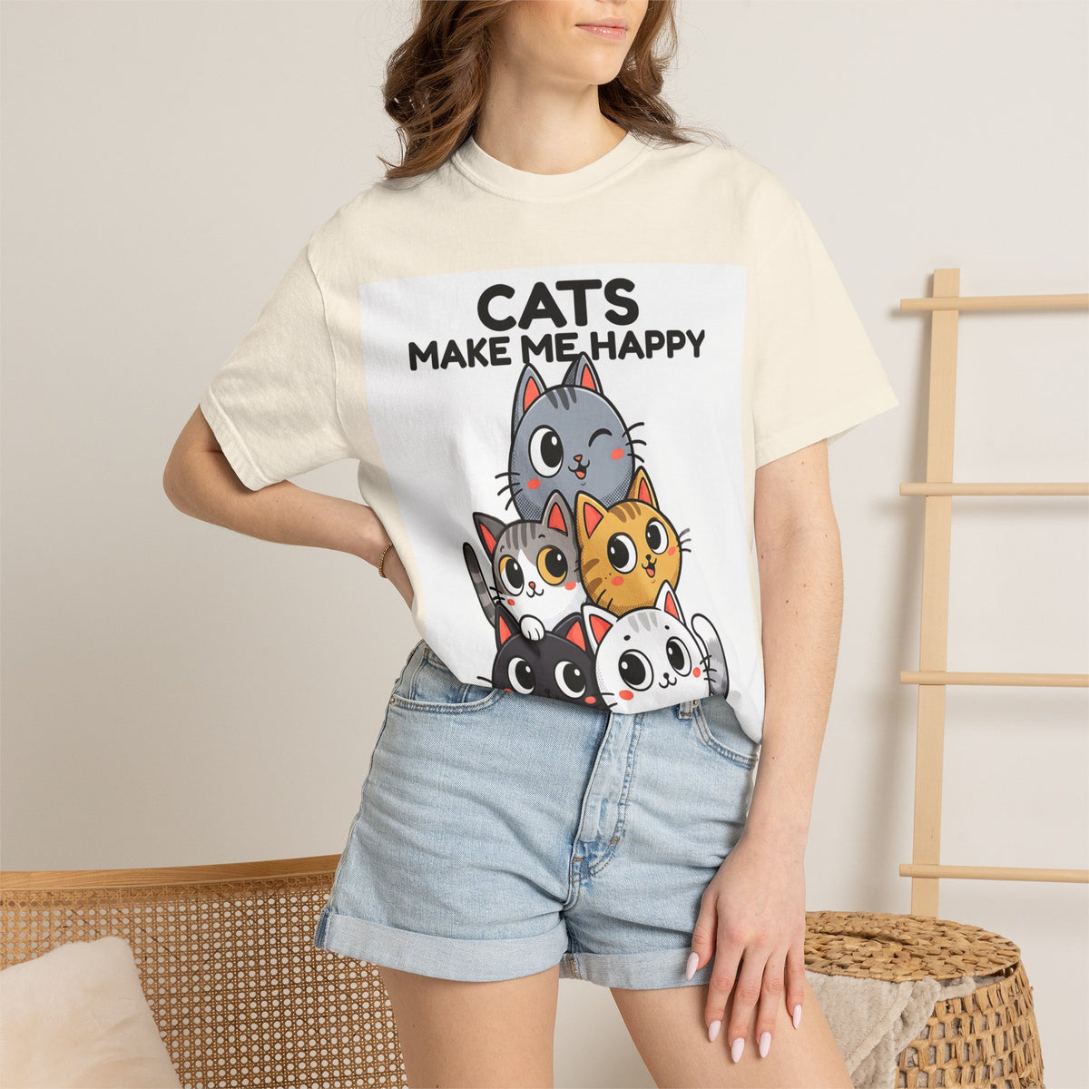 Cats Make Me Happy T-Shirt — Cute Stack of Kittens Tee