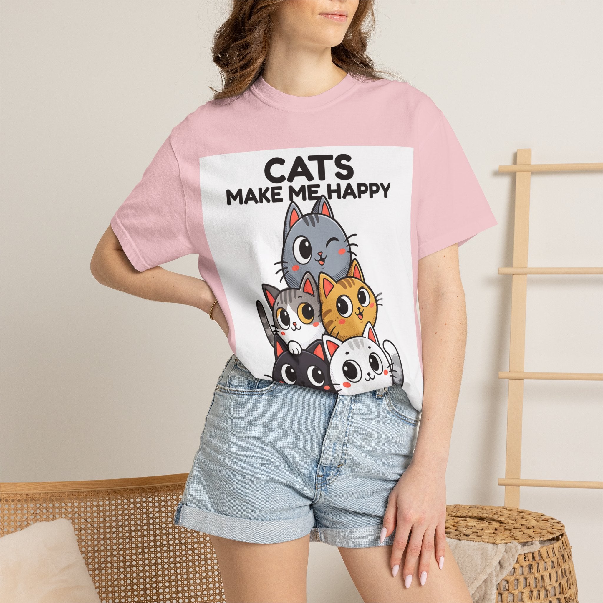 Cats Make Me Happy T-Shirt — Cute Stack of Kittens Tee