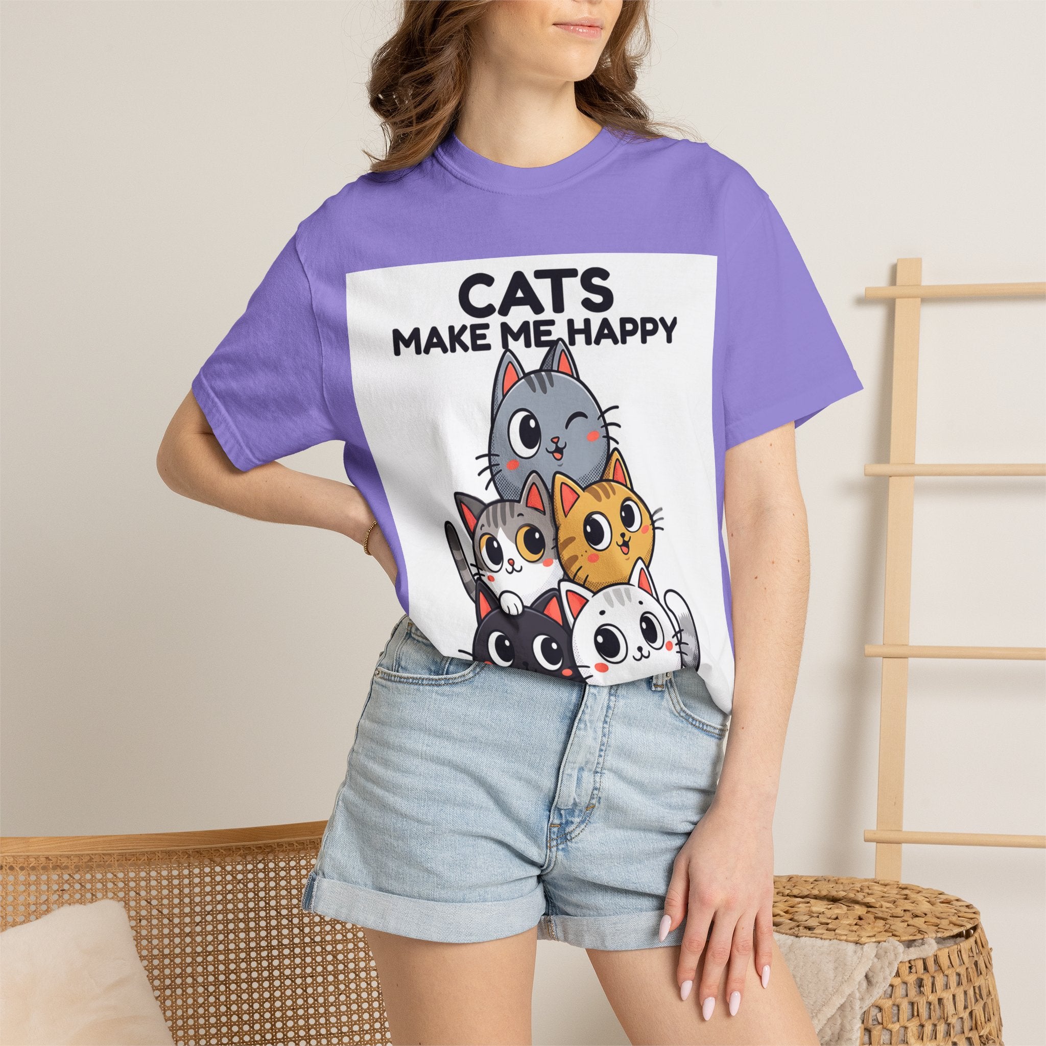 Cats Make Me Happy T-Shirt — Cute Stack of Kittens Tee