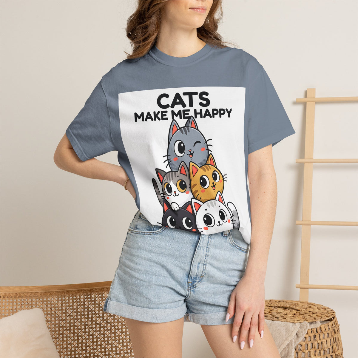 Cats Make Me Happy T-Shirt — Cute Stack of Kittens Tee