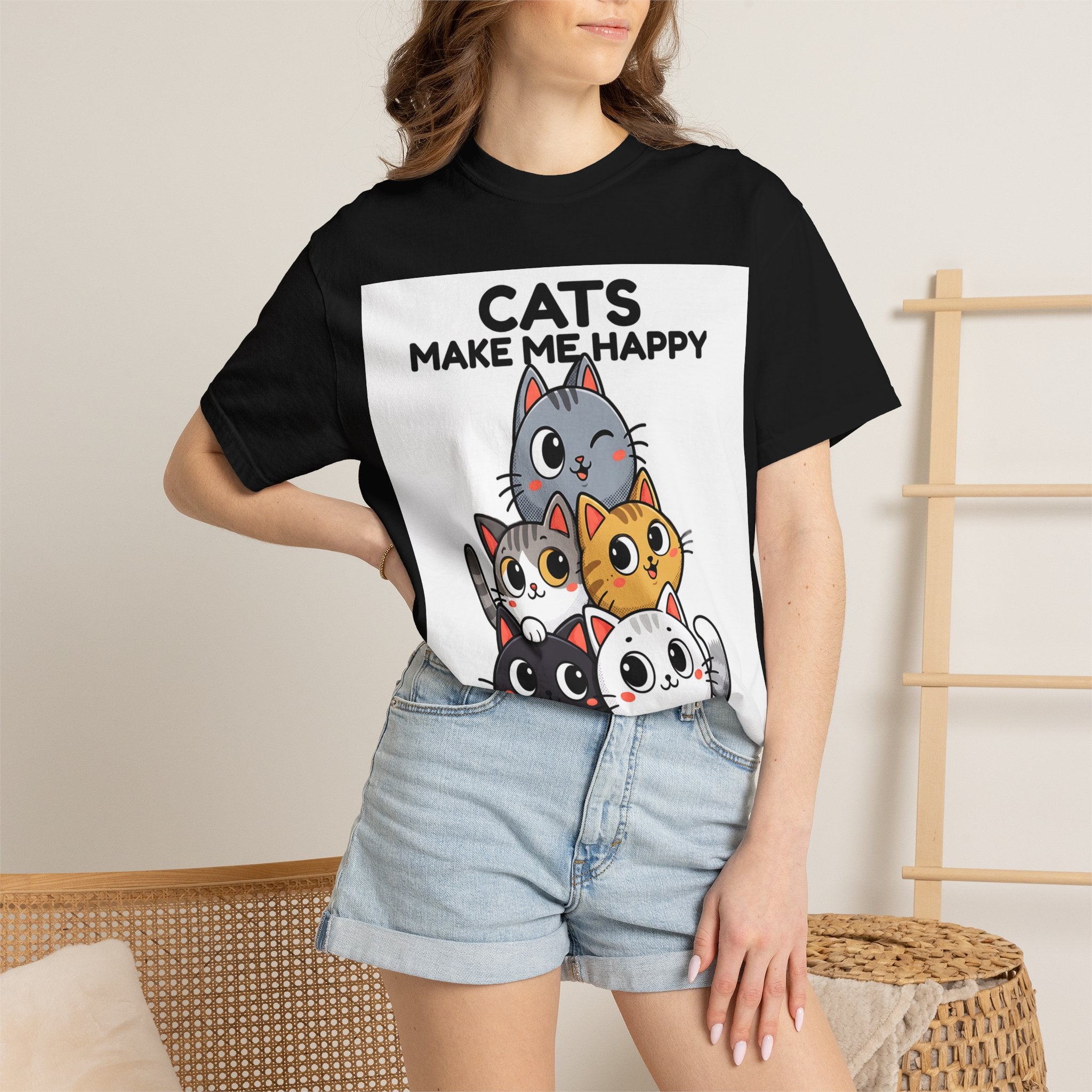 Cats Make Me Happy T-Shirt — Cute Stack of Kittens Tee