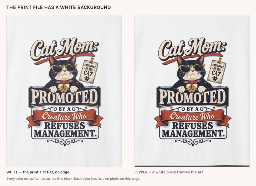 The cat mom badge print on White next to the same print on Pepper, showing the white block the print file leaves on colored shirts