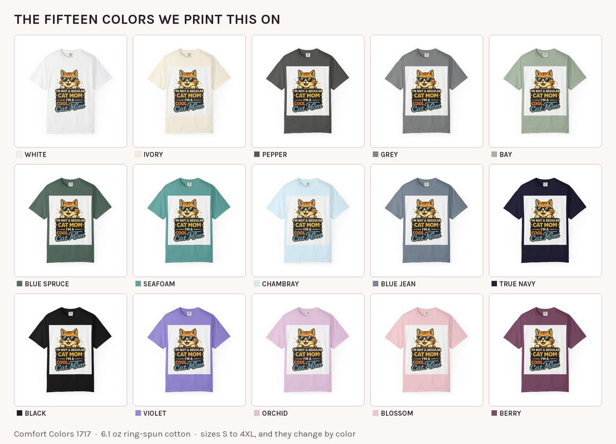 Cool Cat Mom T-Shirt in all fifteen colors side by side: White, Ivory, Pepper, Grey, Bay, Blue Spruce, Seafoam, Chambray, Blue Jean, True Navy, Black, Violet, Orchid, Blossom and Berry