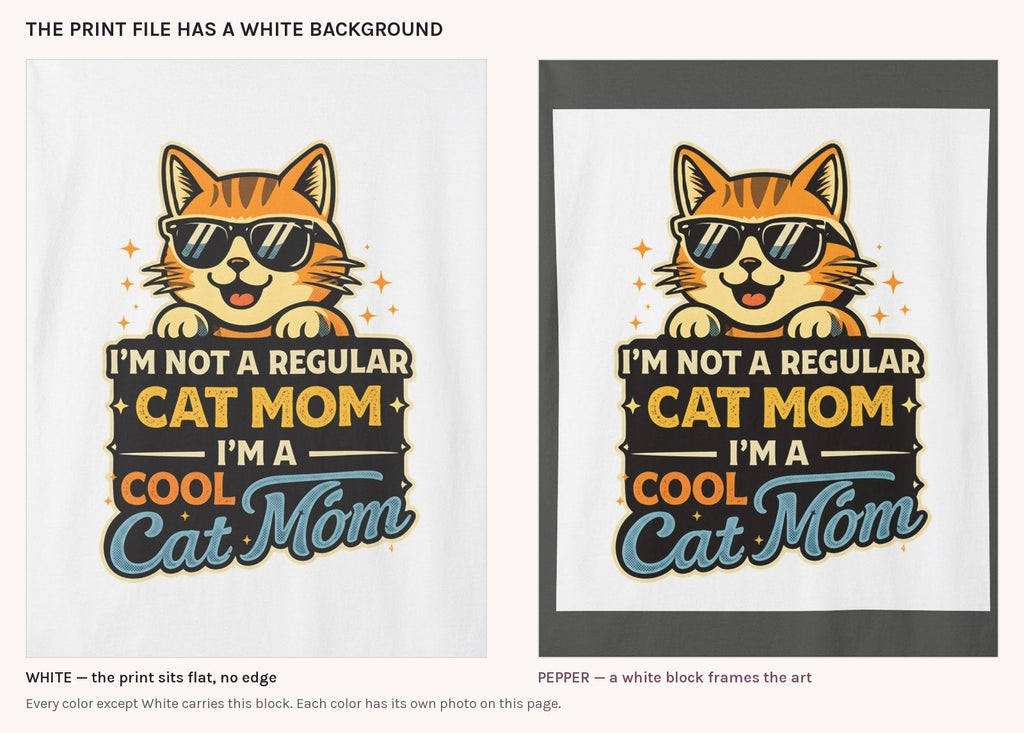 The cool cat mom print on White next to the same print on Pepper, showing the white block the print file leaves on colored shirts