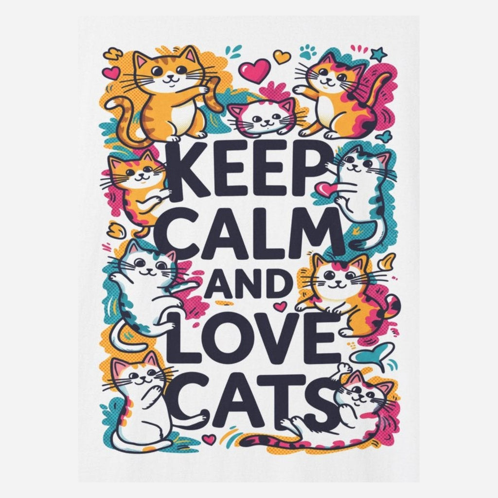 Close-up of the keep calm print: navy block letters reading KEEP CALM AND LOVE CATS inside a border of doodled cats in orange, teal and pink, on the White tee