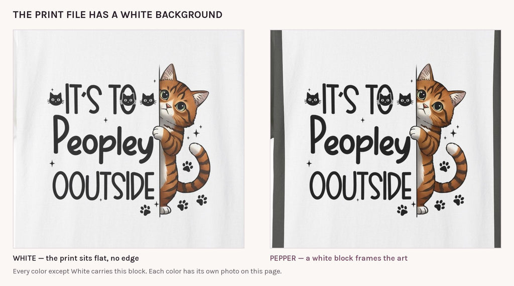 The peeking tabby print on White next to the same print on Pepper, showing the white block the print file leaves on colored shirts