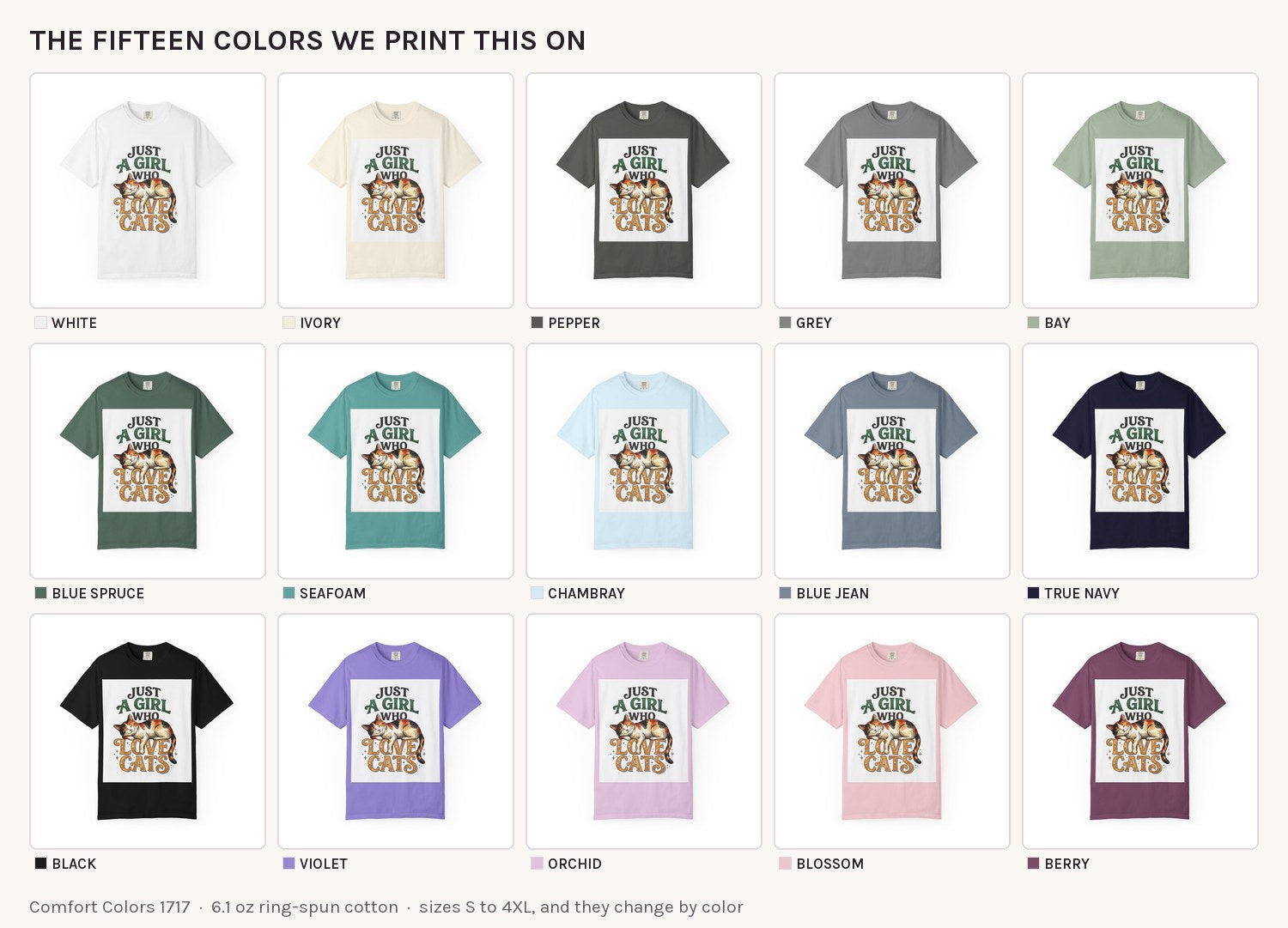 Sleeping Calico Cat T-Shirt in all fifteen colors side by side: White, Ivory, Pepper, Grey, Bay, Blue Spruce, Seafoam, Chambray, Blue Jean, True Navy, Black, Violet, Orchid, Blossom and Berry