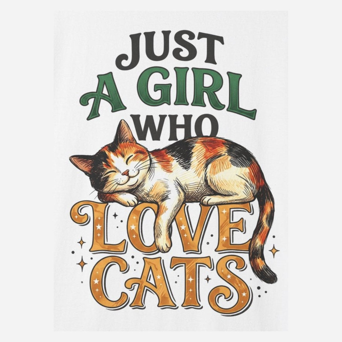 Close-up of the sleeping calico print: a napping tricolor cat above gold lettering that reads LOVE CATS, on the White tee